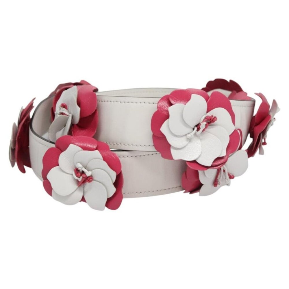 PRADA Flower Shoulder Strap Leather 40.2"" White Auth